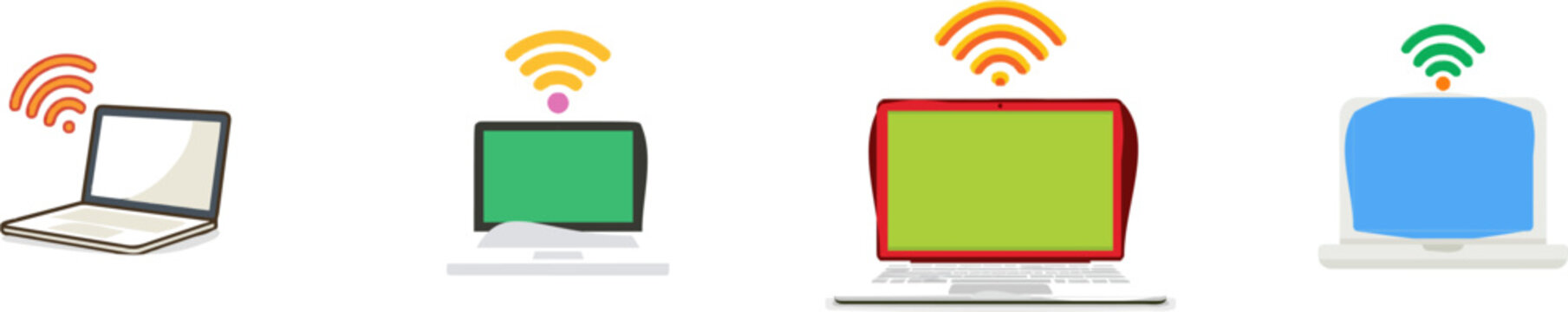 A minimalist vector illustration of an open laptop with a bold red Wi-Fi signal emanating from it, set against a pure white background