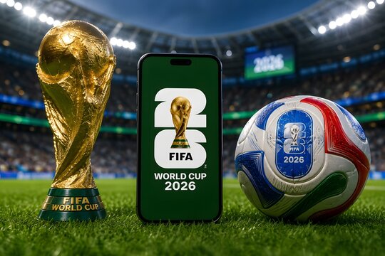 world cup 2026 trophy, official ball, and smartphone with tournament logo on a stadium pitch background