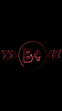 Red neon B plus symbol with glowing arrows. B plus symbol grade education. Red neon B plus symbol for academic achievement.