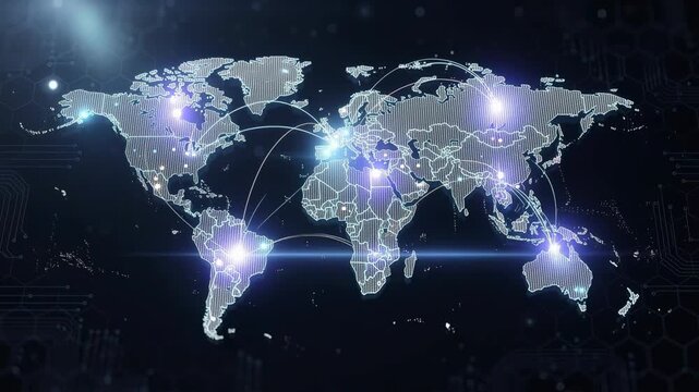 Global digital network connection map with glowing data points and technology communication lines