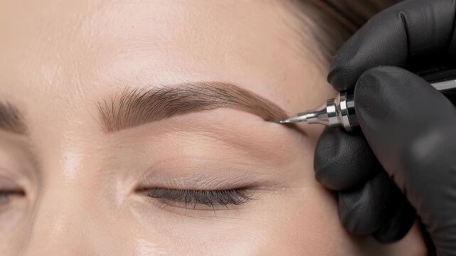 Close up of cosmetic eyebrow microblading procedure on woman with closed eyes by professional