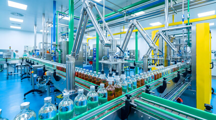 Fototapeta premium Automated pharmaceutical production line filling liquid into bottles on conveyor belts