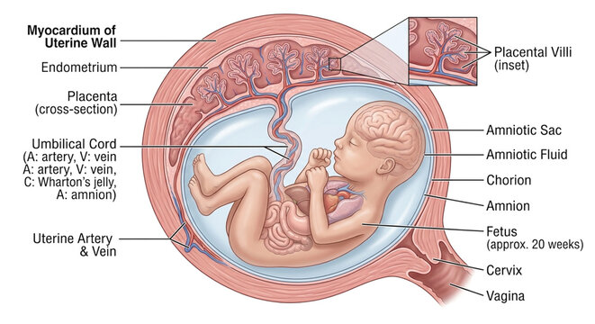 Isolated Medically Accurate Illustration of a Human Fetus in the Womb

