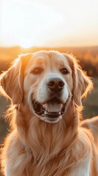 A beautiful Golden Retriever with a joyful smile poses proudly in an open field