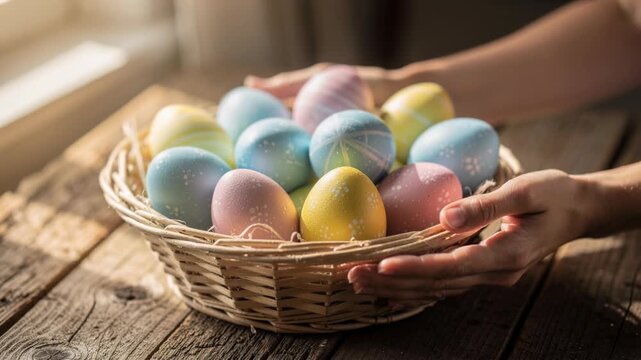 Colorful Easter eggs in a woven basket held by hands on rustic wooden table with soft natural light
