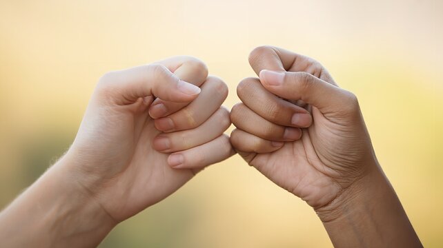Two hands clasped together with pinky fingers interlocked making promise.