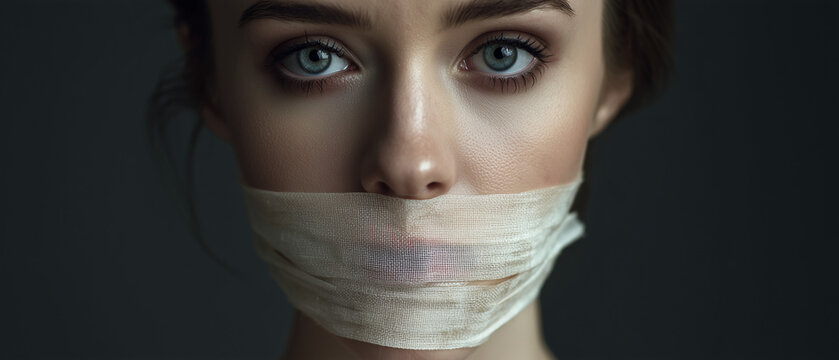 Intense close-up portrait of a beautiful woman with a gauze bandage over her mouth, representing domestic violence, censorship, and the inability to speak out against injustice or trauma
