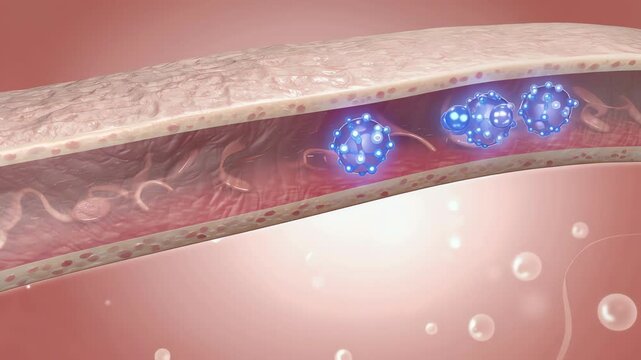 Inside a healthy lung alveolus, translucent pink membrane walls 