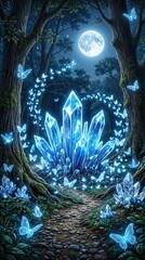 Naklejka premium Crystal formations glowing in enchanted forest at night. Magical butterflies swarming around quartz clusters under full moon.