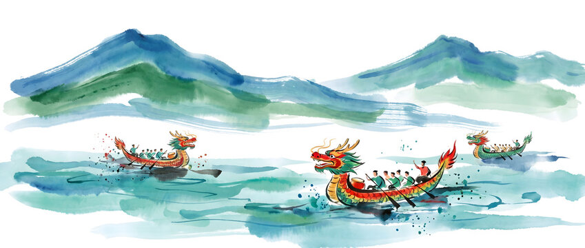Watercolor style dragon boat race on mountain lake background with traditional Chinese aesthetic