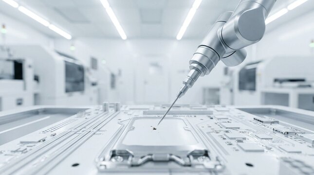 Smart manufacturing concept with robotic arm inspecting motherboard surface.