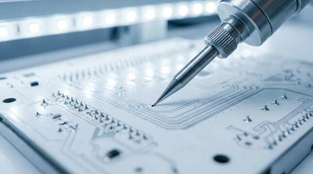 Smart manufacturing concept with robotic arm inspecting motherboard surface.