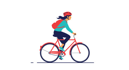 Fototapeta premium A woman wearing a red helmet and a backpack rides a bicycle while moving across a plain white background in a minimalist flat vector illustration graphic design.