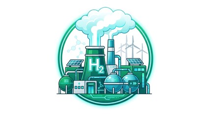 Naklejka premium Cartoon illustration of a green hydrogen production plant with solar panels and wind turbines, symbolizing sustainable and eco-friendly energy generation within