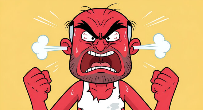 Furious elderly man clenching fists and screaming in pure rage, his face flushed red with anger and steam visibly rising from his ears, portraying extreme frustration and stress