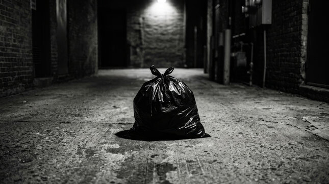 A solitary black garbage bag sits on the gritty concrete of a dimly lit alley, surrounded by textured brick walls, evoking a sense of urban solitude.