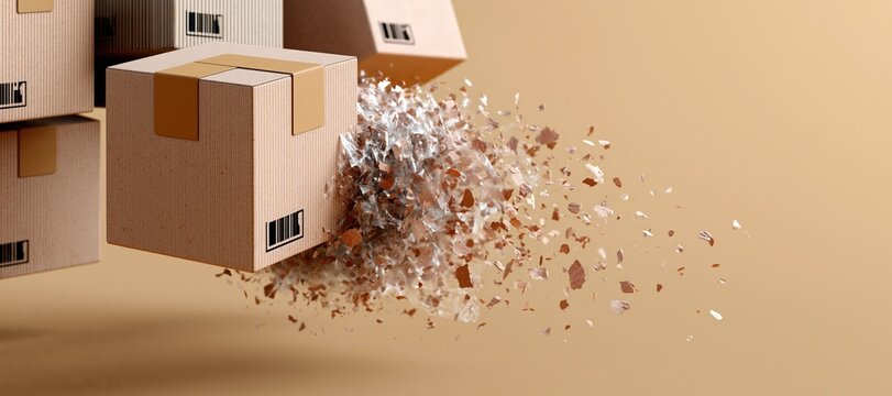 Cardboard parcels dissolving into paper fibers with translucent plastic sheets