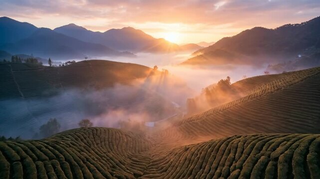 Golden Sunrise and Mist Over Rolling Tea Fields in the Mountains