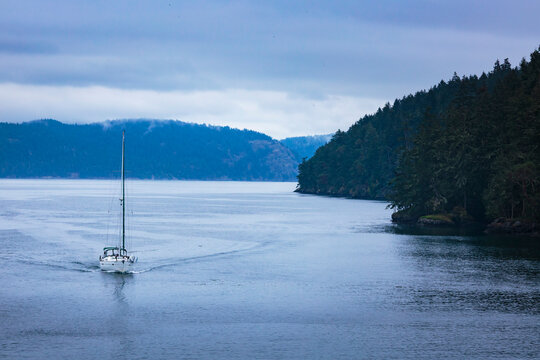 Sailboat on the water passing the islands in the San Juan straits.