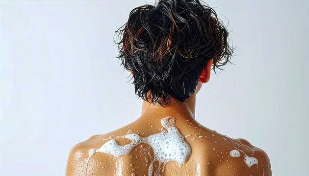 Person stands with bare shoulders covered in white soap foam after showering.