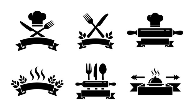 Culinary Icons Set: Chef Hats, Utensils, Rolling Pins, and Food Symbols for Restaurant Branding and Food Service Graphics