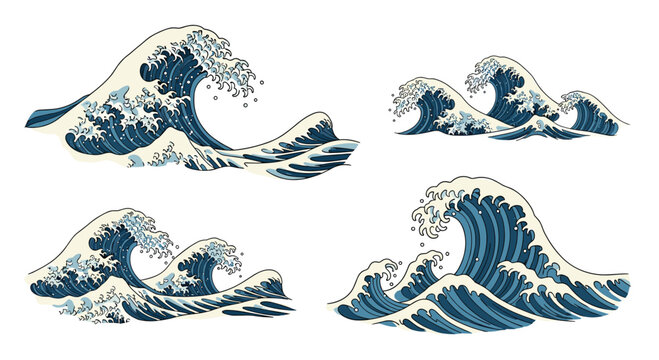 Four detailed artistic ocean waves featuring intricate white foam crests and deep blue water textures emulate the classic Japanese art style on a neutral backdrop.