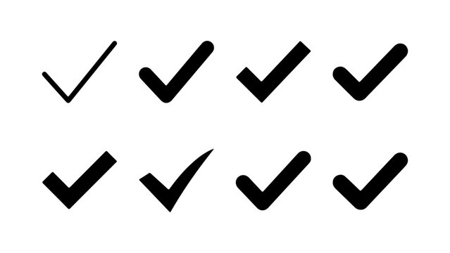 Set of eight check marks indicating approval or completion with approval completion positive