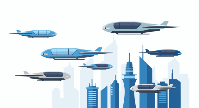 Futuristic aircraft flying over a modern cityscape in shades of blue
