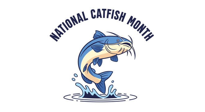 A stylized illustration of a blue catfish leaping out of water with ripples beneath and the text National Catfish Month arched over the top against a solid white background.
