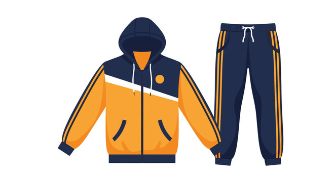 A modern athletic tracksuit set consisting of a hooded zip-up jacket and matching joggers displayed on a clean white background with vibrant navy and orange color blocking.