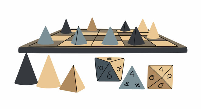 Game board with cone pieces and polyhedral dice