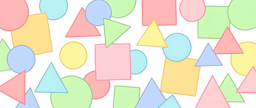 Colorful geometric shapes collage background pattern in soft pastel tones with flat abstract design