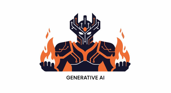 Futuristic warrior figure with fiery aura and circuit board patterns