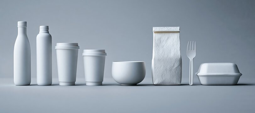 Disposable plastic items transitioning to reusable objects in a neat timeline row