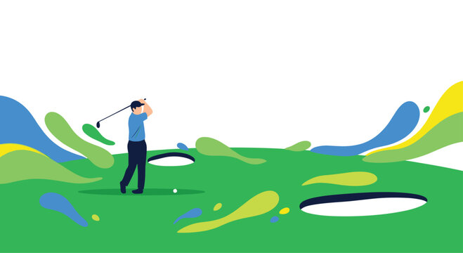 A golfer in a blue shirt performs a swing on a green course with sand bunkers and abstract colorful shapes set against a solid white background.
