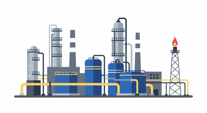 Flat illustration of an industrial complex with storage tanks and flare stack
