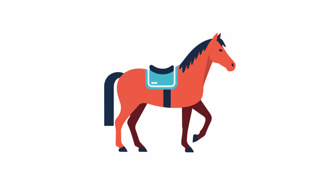 Flat graphic of a saddled orange horse walking on a white background