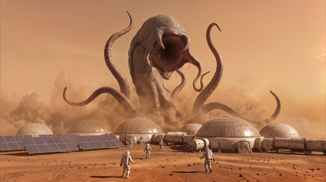 Colossal alien worm with tentacles emerging from desert ground near futuristic colony. Research base on a red planet under attack by massive monster. Sci-fi concept of extraterrestrial life