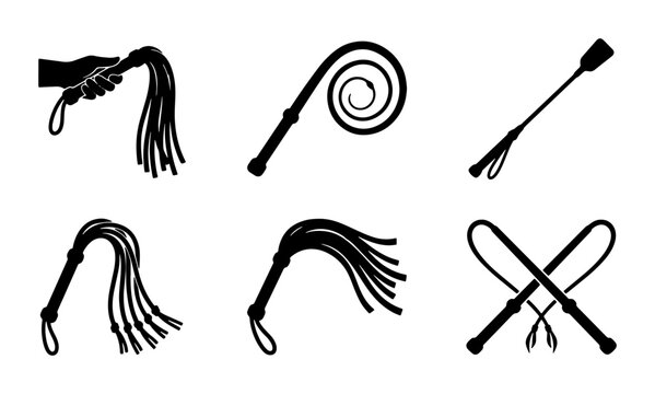 Collection of Six Black Silhouette Whips, Diverse Styles, BDSM Accessories, Adult Themes, Vector Icons for Graphic Design