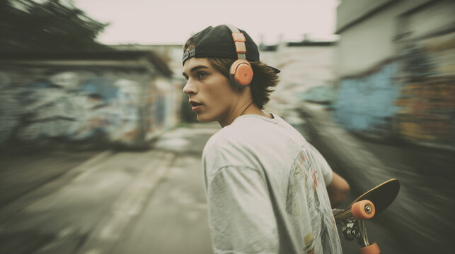 A stylish young man wearing a baseball cap and headphones carries his skateboard through an urban street filled with graffiti, looking back with a cinematic motion blur effect and edgy vibe