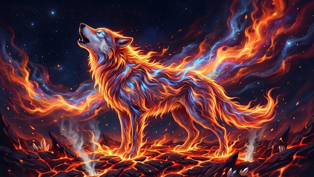 Majestic fire wolf howling at the starry night sky, fantasy magical creature illustration