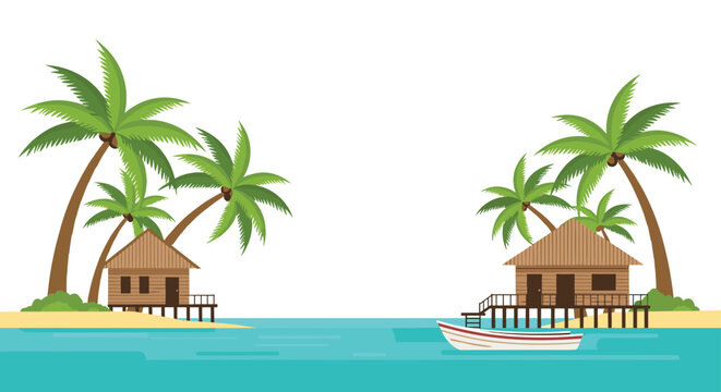 Two brown wooden huts on stilts flank a calm turquoise lagoon with a small white boat floating peacefully on the clear water in a tropical paradise.