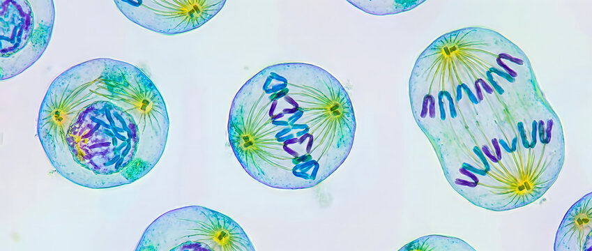 Microscopic image showing mitotic cell division with visible chromosomes and spindle fibers