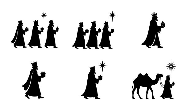 Three Wise Men Nativity Silhouettes, Christmas Magi Procession Vector Icons, Religious Holiday Figures and Camel Illustration