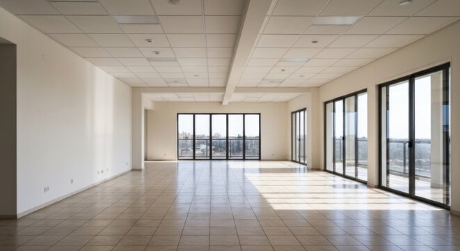 An empty, sunlit room with large windows, light-colored tile floor, and a grid ceiling