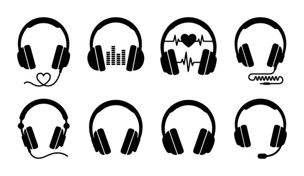 Set of 8 Black Headphone Icons, Diverse Styles: Music, Audio, DJ, Sound, Technology, Communication, Vector Graphics