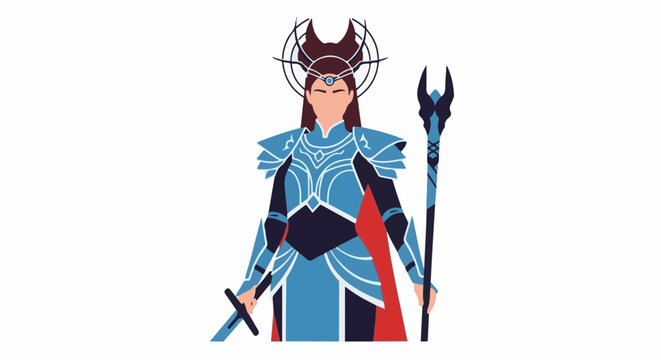 Female warrior in ornate blue armor, holding sword and scepter