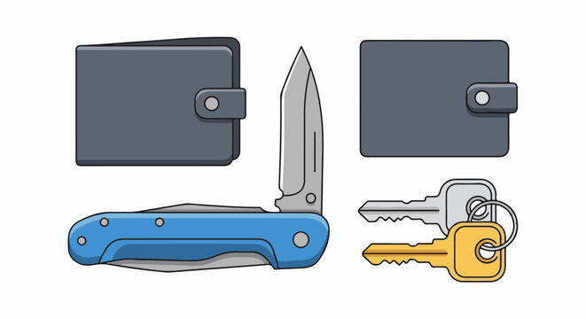Flat illustration of two wallets, a pocket knife, and two keys on a white background