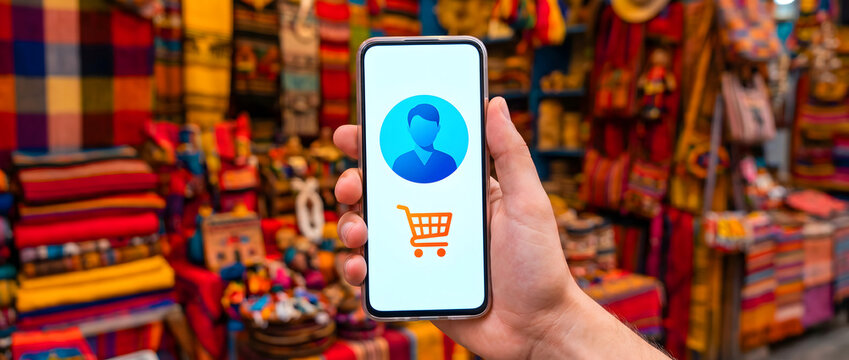 Hand holding smartphone displaying e-commerce shopping interface with colorful market background