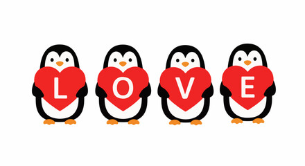 Obraz premium Four penguins holding red hearts spelling 